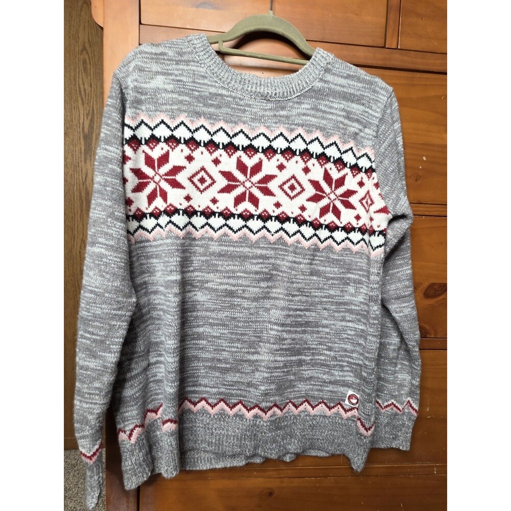 Vintage Canada Weather Gear Sweater Size L Gray Red Snowflake Fair Isle Ski